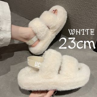 ファーサンダル もこもこ ベージュ 韓国 おしゃれ 厚底 秋 冬 23cm(サンダル)