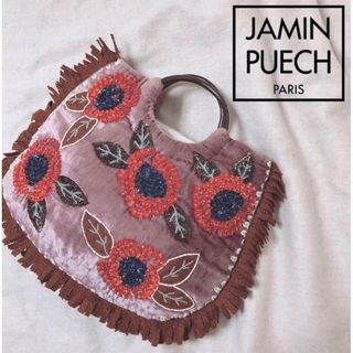 ジャマンピュエッシュ(JAMIN PUECH)の極 美品【JAMIN PUECH】ベロア ウッドビジューバッグ(ハンドバッグ)