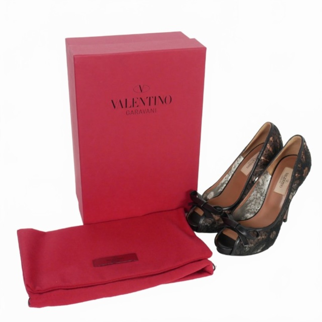 VALENTINO(ヴァレンティノ)のヴァレンティノ レース リボン パンプス ハイヒール オープントゥ 36 黒 レディースの靴/シューズ(サンダル)の商品写真