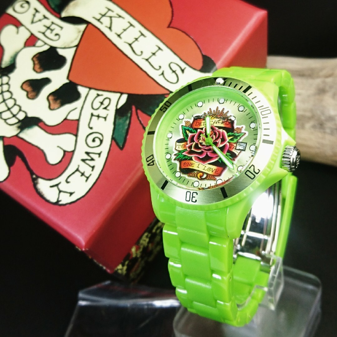 Ed Hardy(エドハーディー)の新品《メーカー完売品》エドハーディー《VIP》薔薇∮ライトグリーン☆夏お洒落に♪ メンズの時計(腕時計(アナログ))の商品写真