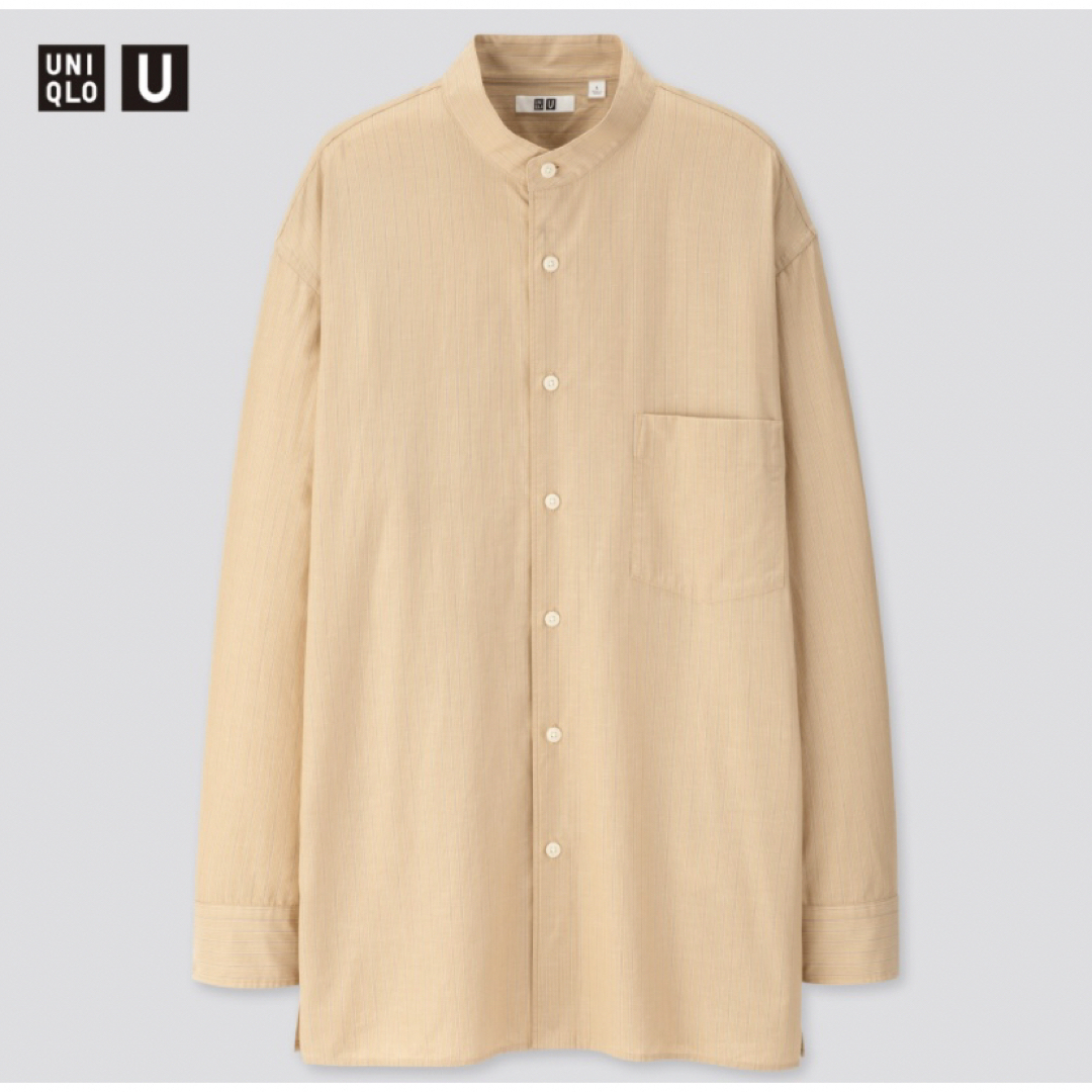 UNIQLO(ユニクロ)の極美品　ユニクロU ストライプスタンドカラーシャツ Lサイズ　オレンジ　ベージュ エンタメ/ホビーのコスプレ(衣装)の商品写真