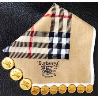 バーバリー(BURBERRY)の懐かしい昭和レトロ商品☆1980年代 Burberry金ボタンとハンカチのセット(各種パーツ)