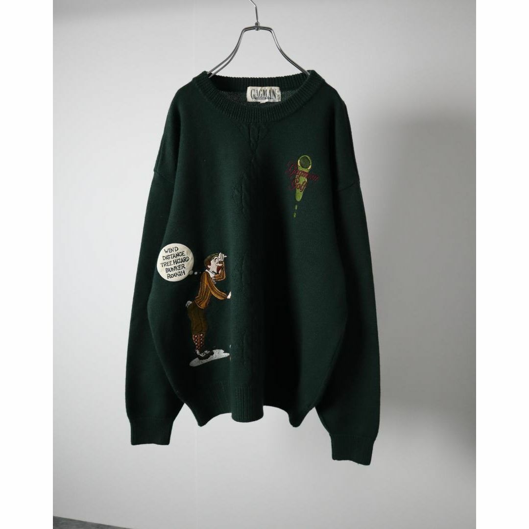 【vintage】刺繍 ワッペン ケーブル編み ウール ニット セーター 深緑