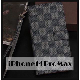 チェック柄 手帳型 iPhoneケース iPhone14ProMax ブラック(iPhoneケース)