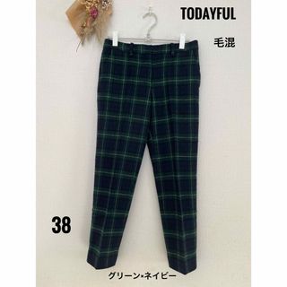 トゥデイフル(TODAYFUL)のTODAYFUL　毛混　ウールチェックパンツ　38　グリーン×ネイビー(カジュアルパンツ)