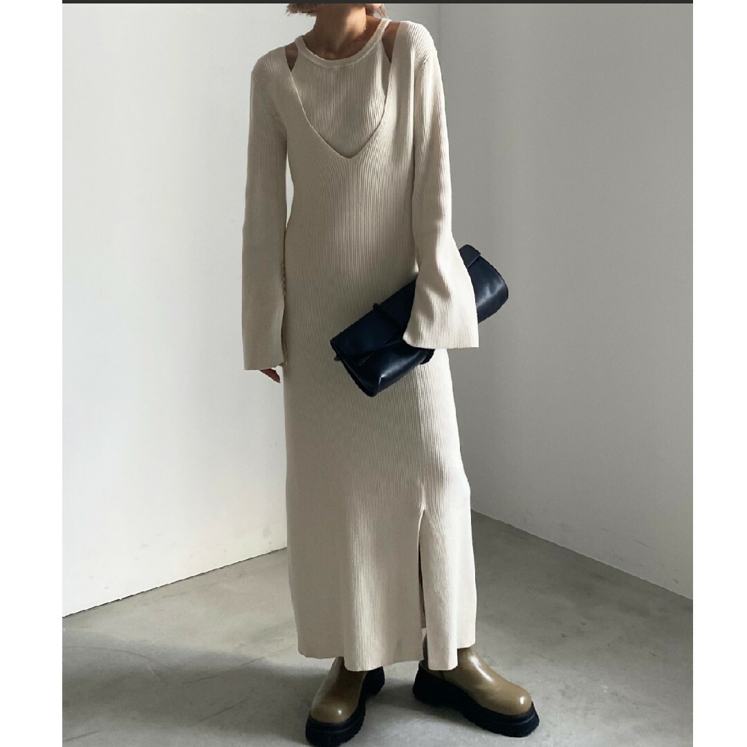 AMERICAN SLEEVE LAYERED KNIT DRESS S 白