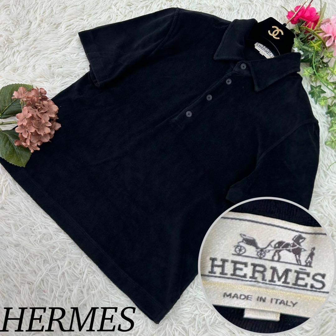高級ブランド エルメス メンズ ポロシャツ 半袖 Tシャツ ボタン S 黒