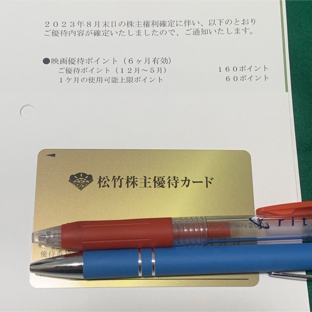 松竹 株主優待カード 160ポイント 男性名義2024年5月末日