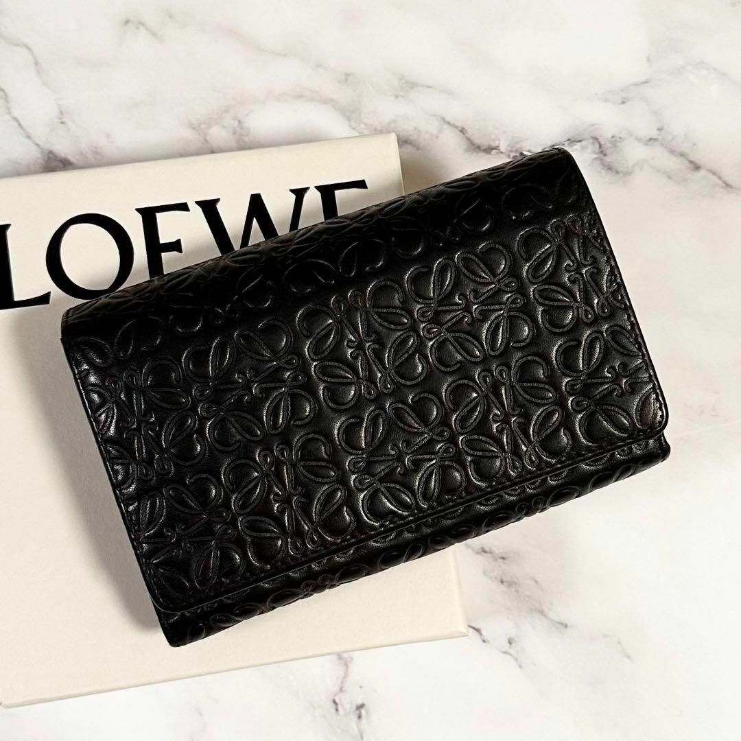 美品　LOEWE　ロエベ　リピートアナグラム　エンボスレザー　二つ折り財布