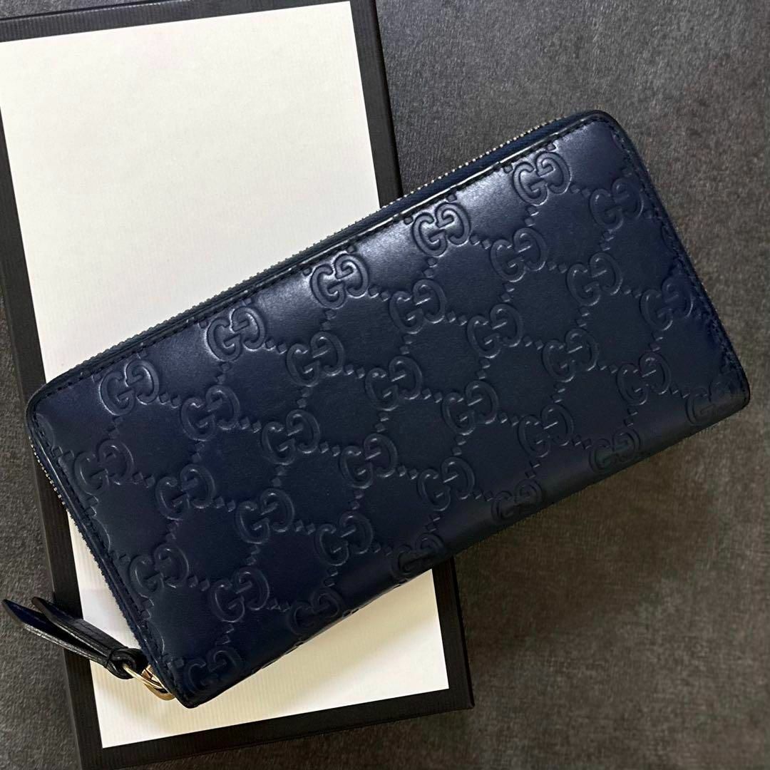 純正特注 美品✨GUCCI 長財布 ラウンドジップ シマ GG柄 ネイビー