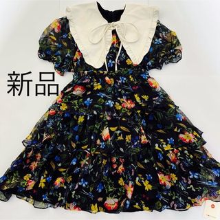 新品　花柄ワンピース　膝丈　総柄　ロリ－タ　ブラック　黒　S 　段々　美品(ひざ丈ワンピース)