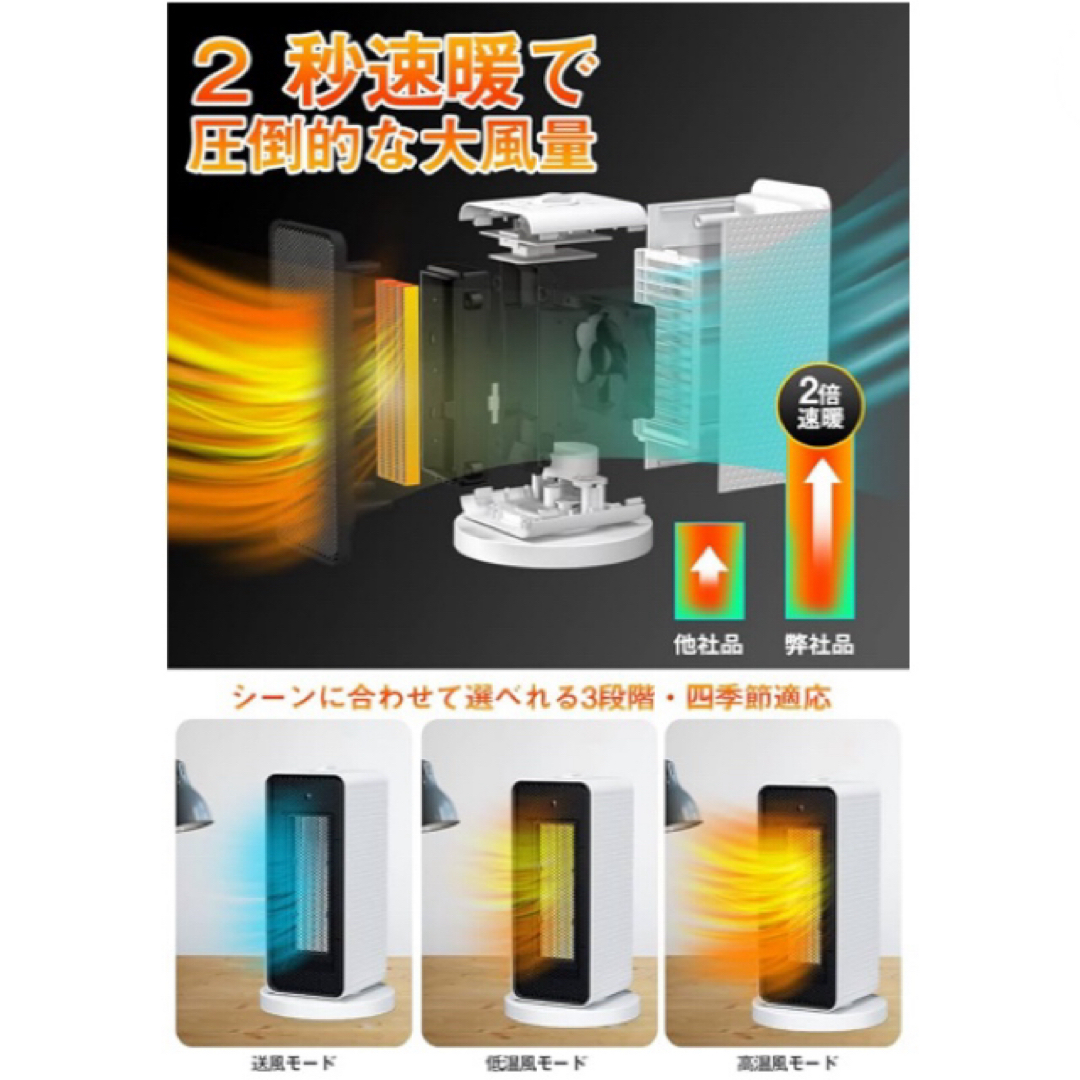 セラミックファンヒーター 電気ファンヒーター 2秒速暖 PSE認証済み スマホ/家電/カメラの冷暖房/空調(電気ヒーター)の商品写真