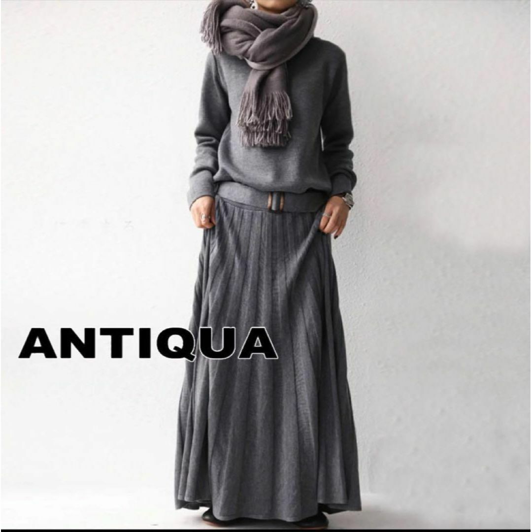 antiqua(アンティカ)のantiqua ニットプリーツワンピ グレー レディースのワンピース(ロングワンピース/マキシワンピース)の商品写真