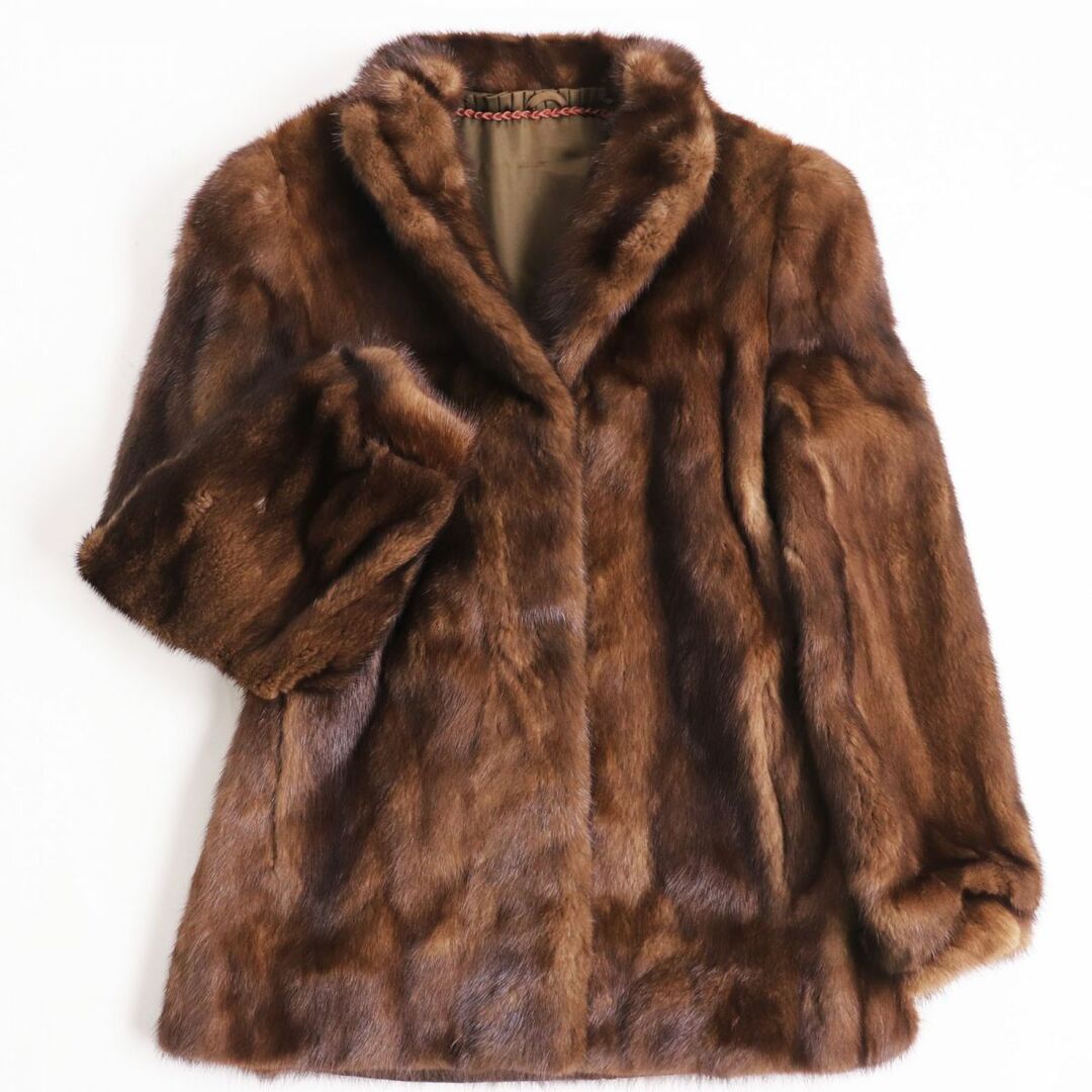 約40cm袖丈美品●MINK ミンク 本毛皮ショートコート ジャケット ブラウン 13号 毛質艶やか・柔らか◎
