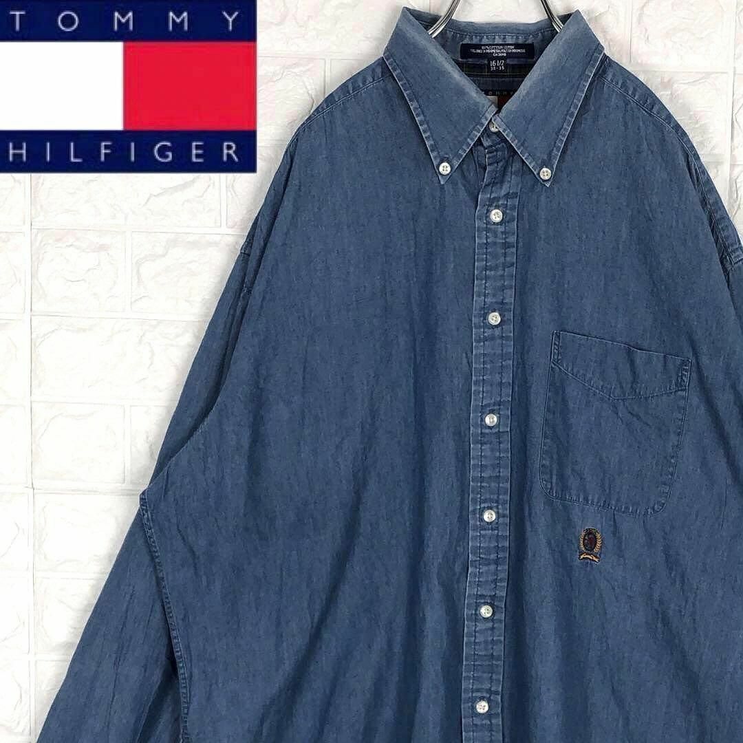 69肩幅トミーヒルフィガー刺繍ワンポイントロゴ BDデニムシャツ フラッグタグ綿100%