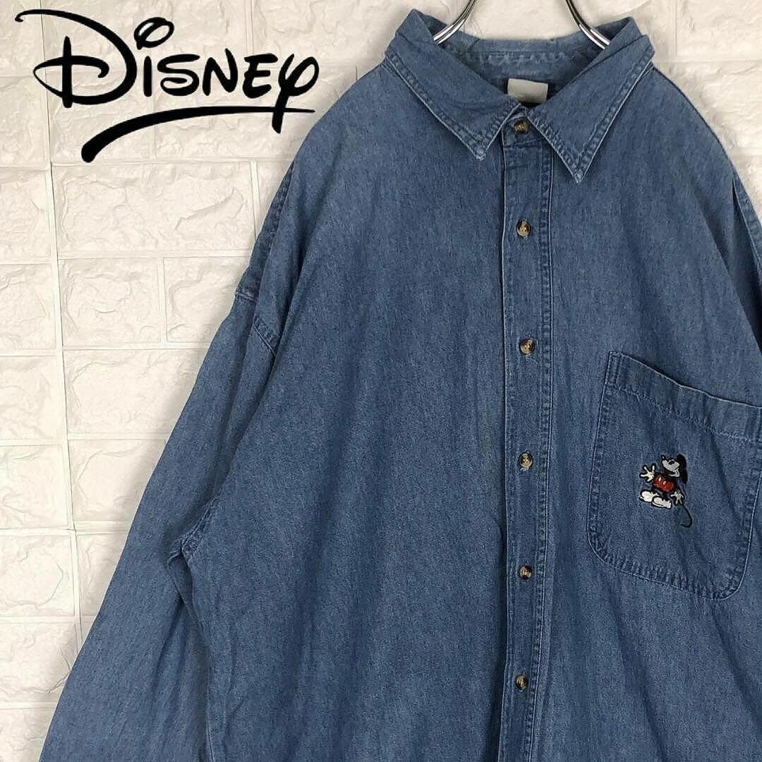 Disney(ディズニー)のディズニー ミッキーマウス 長袖デニムシャツ 刺繡ワンポイント オーバーサイズ メンズのトップス(シャツ)の商品写真