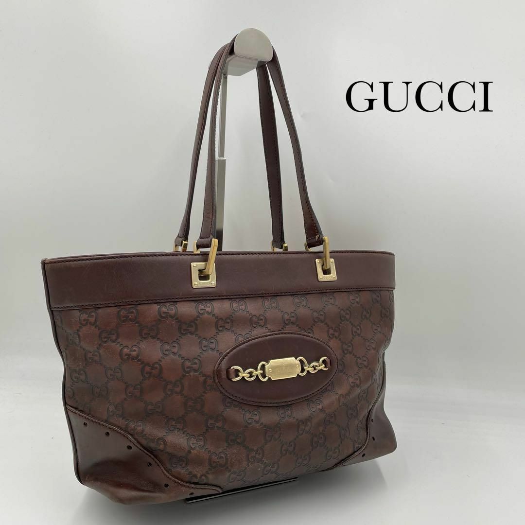 Gucci(グッチ)の希少✨グッチ　ショルダーバッグ　シマ　GG ゴールド金具　レザー　ブラウン レディースのバッグ(トートバッグ)の商品写真