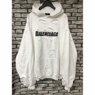 お値下げしました。BALENCIAGA 白　フーディダメージ加工