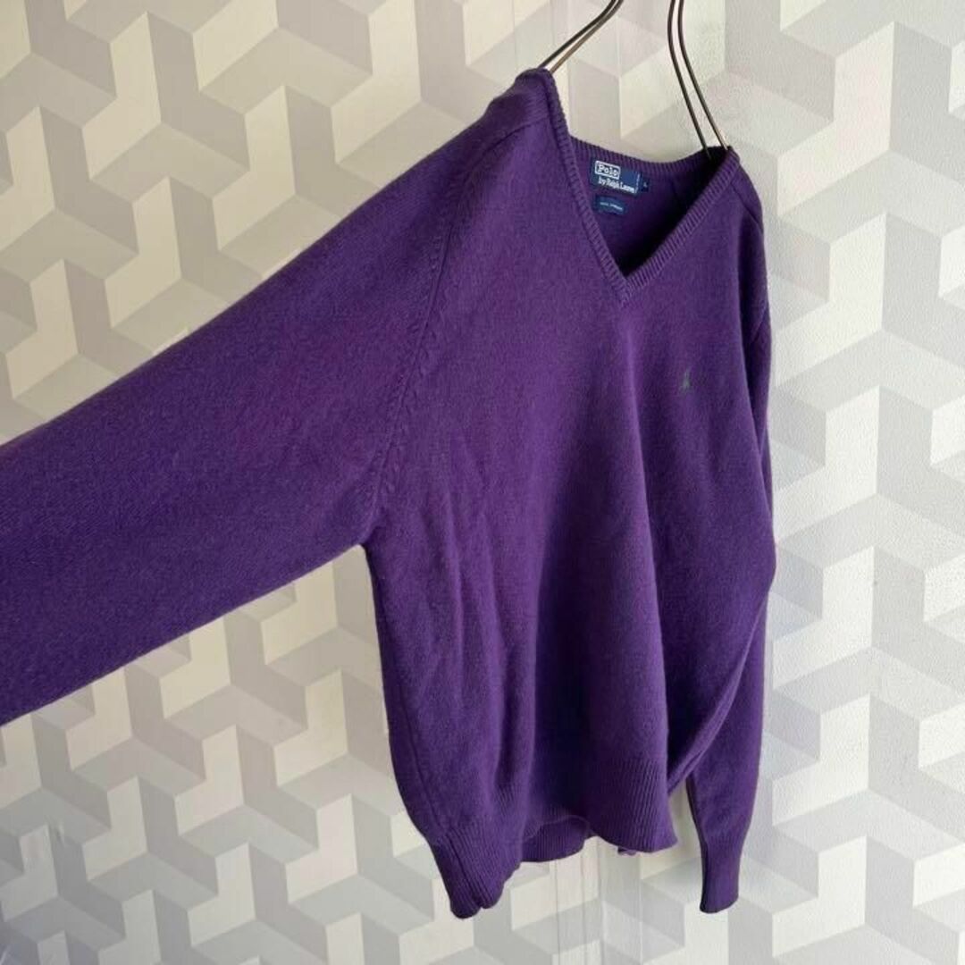 【ポロ ラルフローレン】サイズL 刺繍ロゴ ウール ニット セーター 紫パープル