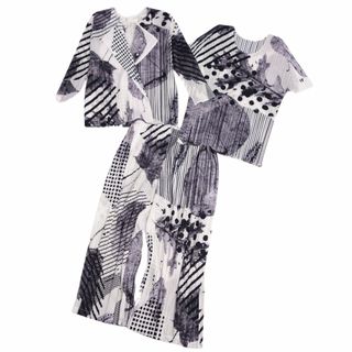 プリーツプリーズイッセイミヤケ(PLEATS PLEASE ISSEY MIYAKE)の美品 プリーツプリーズ イッセイミヤケ PLEATS PLEASE セットアップ 3ピース カーディガン ブラウス パンツ 総柄 レディース 2(M相当) ブラック/ホワイト(スーツ)