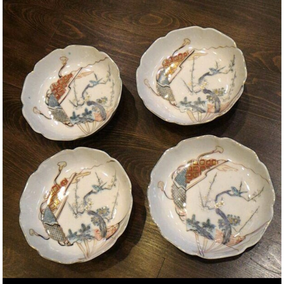梅に鶯 扇面 膾皿☆アンティーク 骨董 レトロ 古民家 時代 粋 色絵 なます食器
