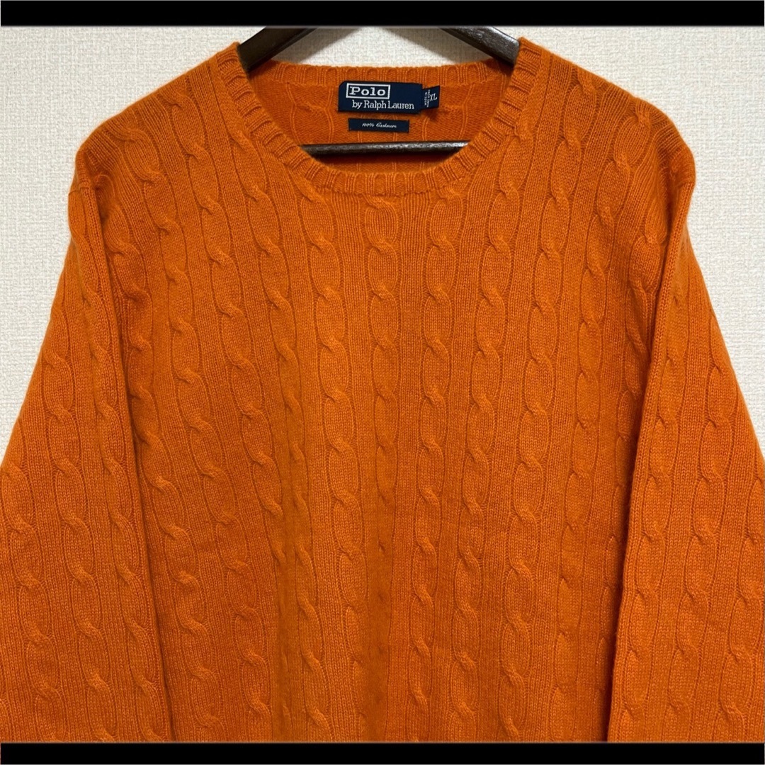 メンズ美品 ポロ ラルフローレン ニット セーター ケーブル オレンジ カシミヤ XL