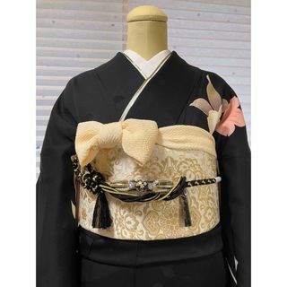 『新品・桂由美』落款入り・未仕立て品・金彩・ラインストーン入り正絹黒地お振袖