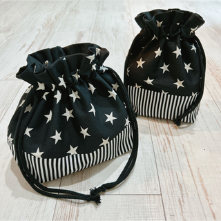 星柄(黒)×ピンストライプ/お弁当袋&コップ袋(外出用品)