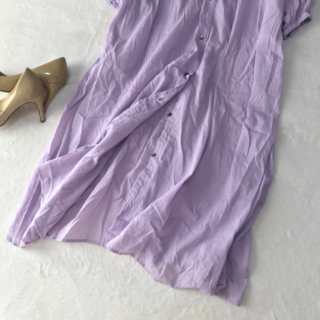 スローブイエナ　シャツワンピース　バンドカラー　ピンク　コットン　羽織り　長袖なし伸縮性