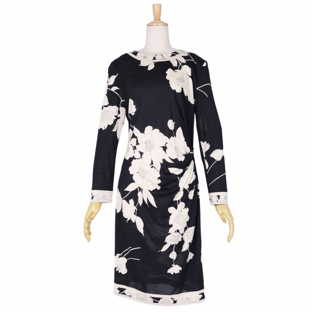 レオナール LEONARD FASHION ワンピース ロングスリーブ 花柄 ウール シルク トップス レディース L ブラック/ホワイト レオナール LEONARD FASHION ワンピース ロングスリーブ 花柄 ウール シルク トップス レディース L ブラック/ホワイト