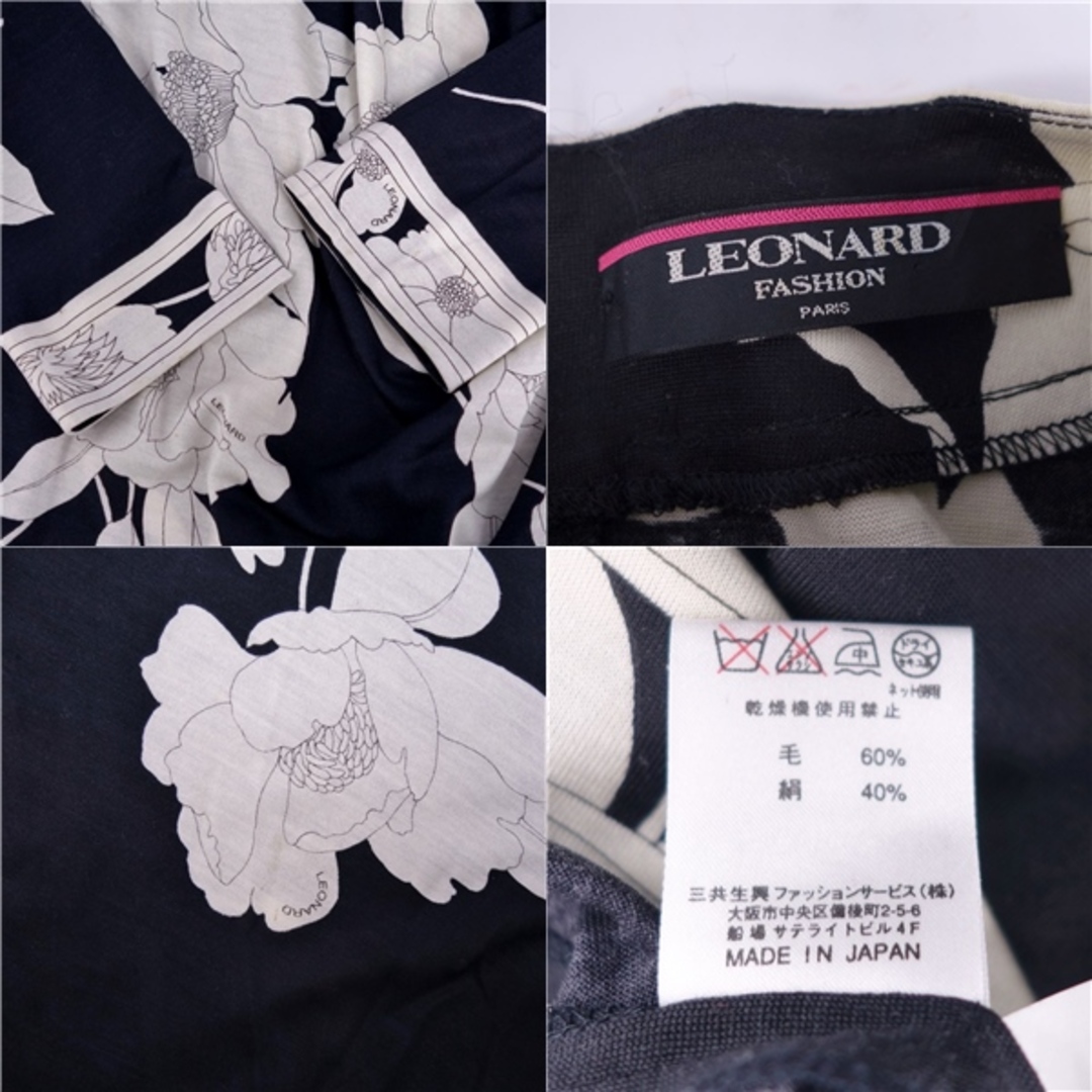 レオナール LEONARD FASHION ワンピース ロングスリーブ 花柄 ウール シルク トップス レディース L ブラック/ホワイト