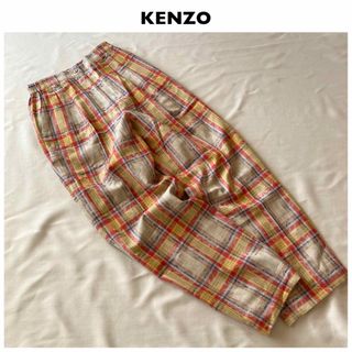 ケンゾー(KENZO)のビンテージ ケンゾー ゴルフ ロゴ刺繍 チェック ウール ハイウエスト パンツ(カジュアルパンツ)