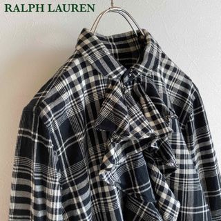 ラルフローレン(Ralph Lauren)のラグビー ラルフローレン フリル ネル チェック シャツワンピース M 黒 白(ひざ丈ワンピース)