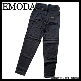 エモダ(EMODA)の新品 EMODA 麻 ストレート パンツ ボトムス ベルト タグ付 Black(カジュアルパンツ)