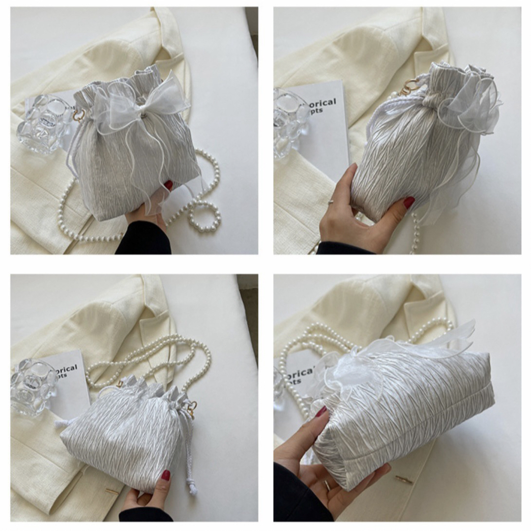 巾着型ショルダーバッグ　白　パール　パーティーバッグ　韓国　クリスマス レディースのバッグ(ショルダーバッグ)の商品写真