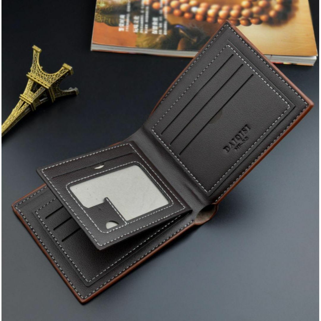 【300420F】カジュアル PUレザー 二つ折り ミニ財布 ショートブラウン メンズのファッション小物(折り財布)の商品写真