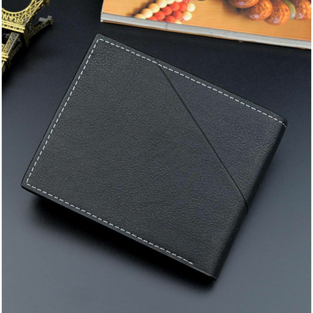 【300430F】カジュアル PUレザー 二つ折り ミニ財布 ショートブラック メンズのファッション小物(折り財布)の商品写真