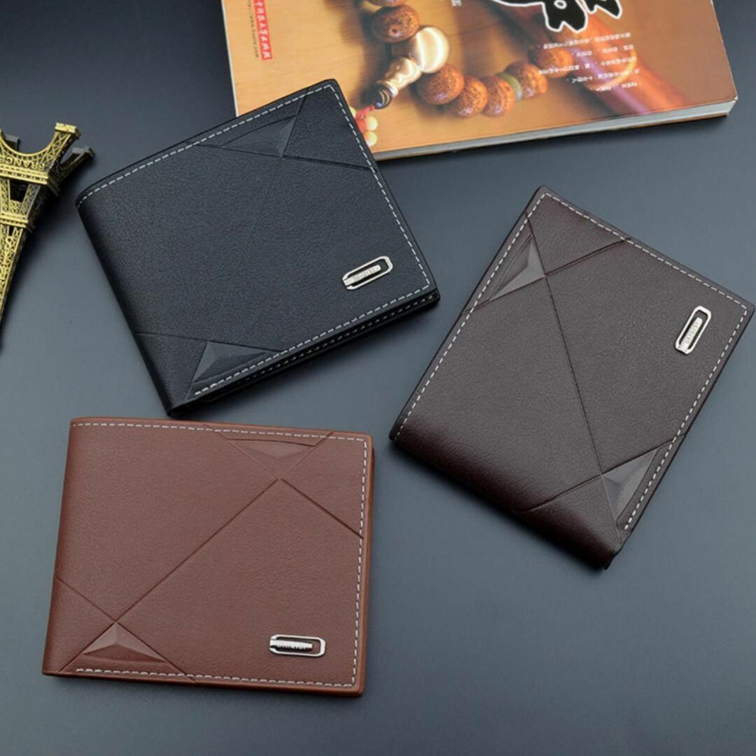 【300430F】カジュアル PUレザー 二つ折り ミニ財布 ショートブラック メンズのファッション小物(折り財布)の商品写真