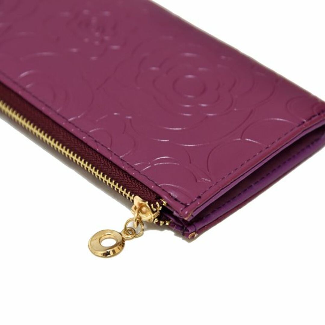 新品 カメリア 型押し 長財布 ファスナー レザー L字 花柄 パープル 紫 レディースのファッション小物(財布)の商品写真