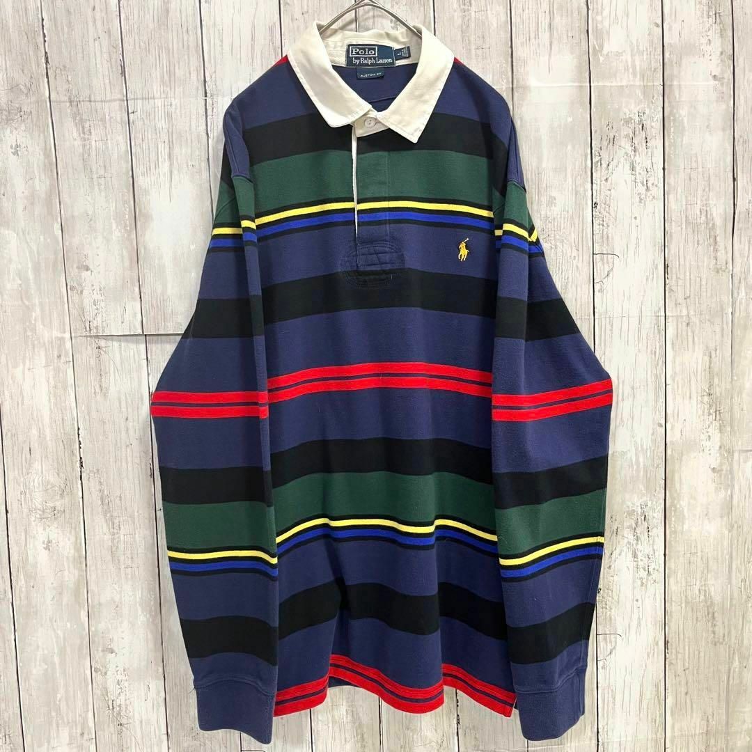 POLO RALPH LAUREN(ポロラルフローレン)のアメリカ古着　ポロラルフローレン　マルチカラーボーダー柄刺繍ロゴラガーシャツ　L メンズのトップス(Tシャツ/カットソー(七分/長袖))の商品写真