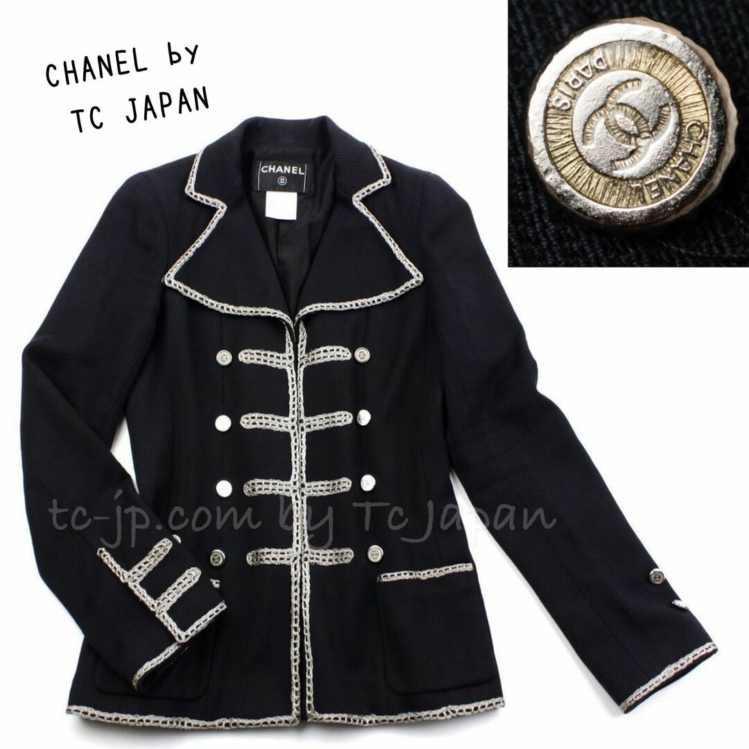 CHANEL(シャネル)のシャネル ジャケット CHANEL ネイビー ブラック シルバー ナポレオン ミリタリー コットン 貴重  新品同様 40 42 レディースのジャケット/アウター(テーラードジャケット)の商品写真