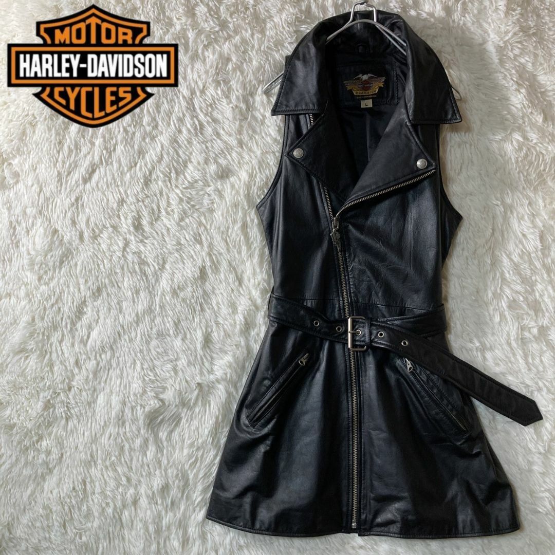 Harley Davidson(ハーレーダビッドソン)の美品 レア ハーレーダビットソン ノースリーブ レザーコート L レディースのジャケット/アウター(ライダースジャケット)の商品写真