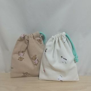 ハンドメイド【巾着セット】ミニ巾着／小さめ巾着／２枚set／クマ／シマエナガ(ポーチ)