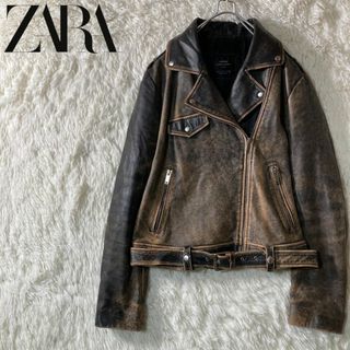 ザラ(ZARA)のZARA ザラ ビンテージ加工 羊革 ダブルライダースジャケット L(ライダースジャケット)