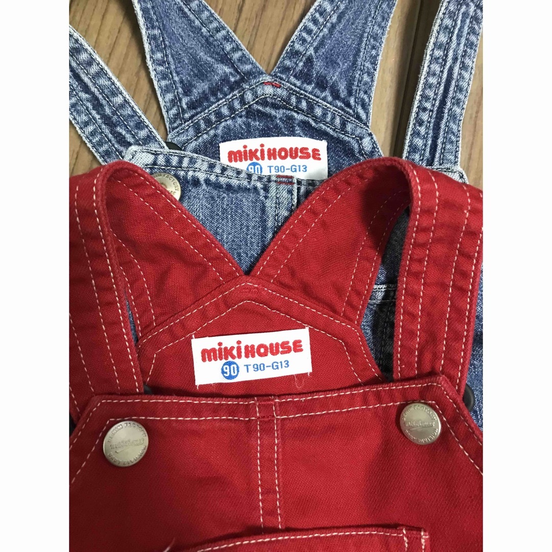 mikihouse(ミキハウス)のミキハウス ジャンパースカート　90  デニム　赤　ブルー　 キッズ/ベビー/マタニティのキッズ服女の子用(90cm~)(ワンピース)の商品写真