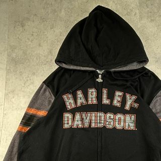 ハーレーダビッドソン(Harley Davidson)のハーレーダビッドソン　ブランドロゴ　フルジップパーカー　古着　ブラック　2XL(パーカー)