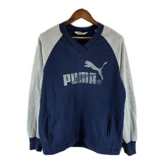 プーマ(PUMA)の80年代 PUMA プーマ 2トーン ロゴ Vネック スウェット ラグランスリーブ ネイビー (メンズ L) 中古 古着 P0568(スウェット)