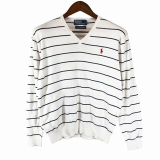 ポロラルフローレン(POLO RALPH LAUREN)の90年代 Polo by Ralph Lauren Vネック コットン ニット セーター カジュアル ボーダー ホワイト (メンズ M) 中古 古着 P0615(ニット/セーター)