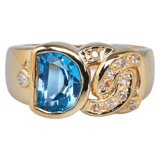 美品 K18YG イエローゴールド リング 指輪 ブルートパーズ ダイヤ 0.08ct 【1-0125483】(リング(指輪))