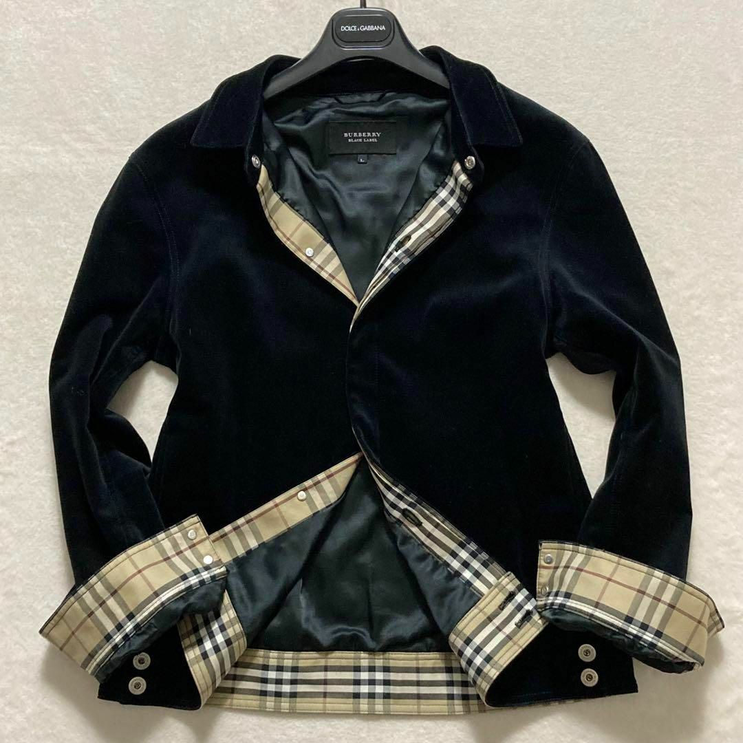 バーバリーブラックレーベル BURBERRY ノバチェック柄ベロアジャケット黒.-